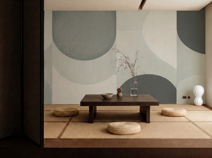 Kaede Serenity Japandi mural wallpaper, soft calm geometric maple forms in neutral tones on a bedroom wall