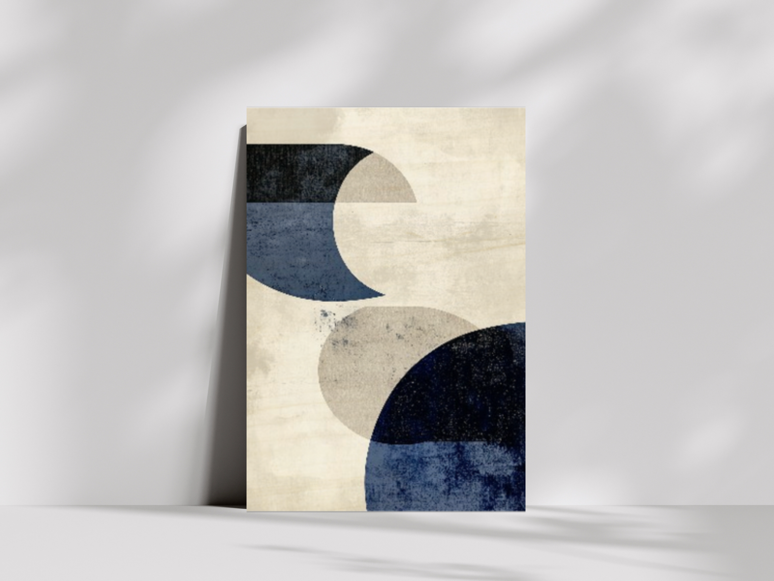 Kai Tide Japandi wooden wall art, indigo and slate curved forms on a living room wall