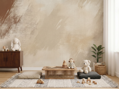 Kanade Brume Japandi mural wallpaper, soft misty hand-brushed forms in neutral tones on a bedroom wall