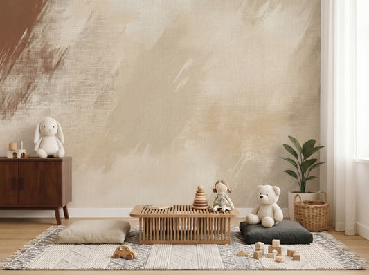 Kanade Brume Japandi mural wallpaper, soft misty hand-brushed forms in neutral tones on a bedroom wall