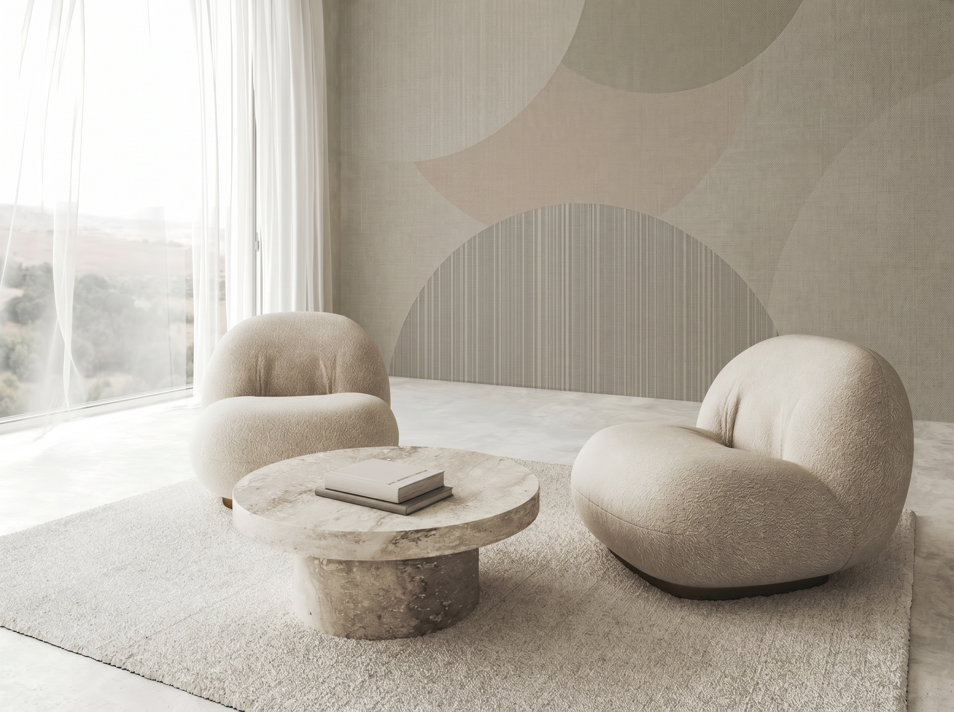 Kaori Drift Japandi mural wallpaper, soft translucent layered tones on a calm bedroom wall