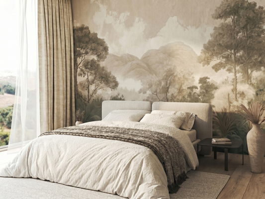 Kasumi Grove Japandi mural wallpaper styled in a living room setting