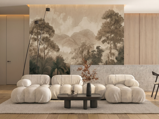 Kasumi Grove Japandi mural wallpaper, soft misty trees fading into a hazy horizon on a bedroom wall