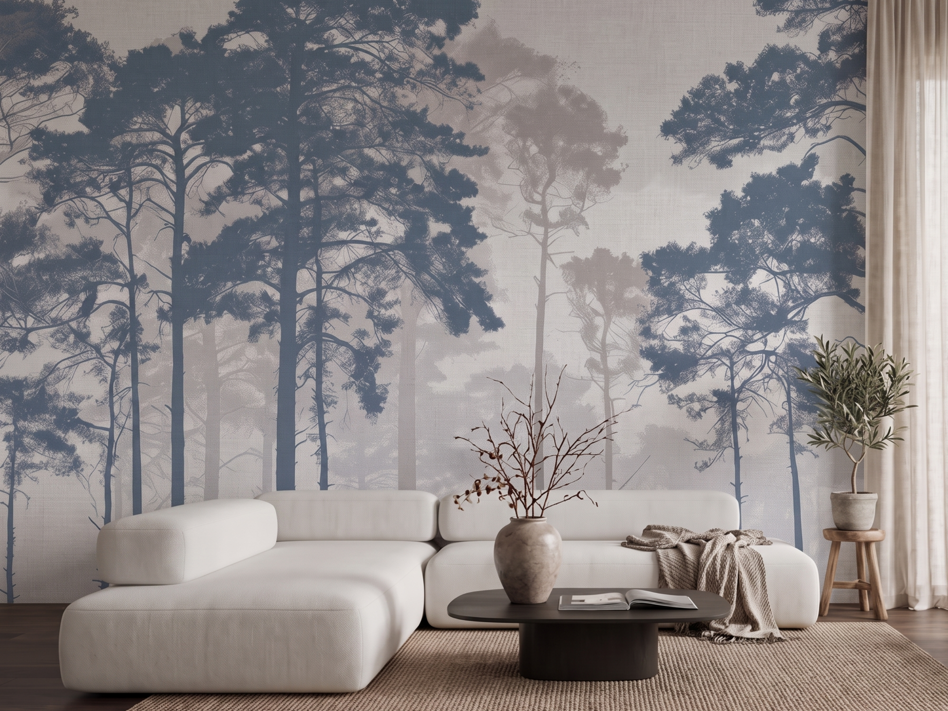 Kasumi Pines Japandi mural wallpaper, misty pine trees in muted tones on a living room wall