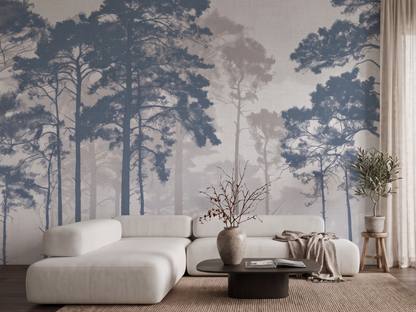 Kasumi Pines Japandi mural wallpaper, misty pine trees in muted tones on a living room wall