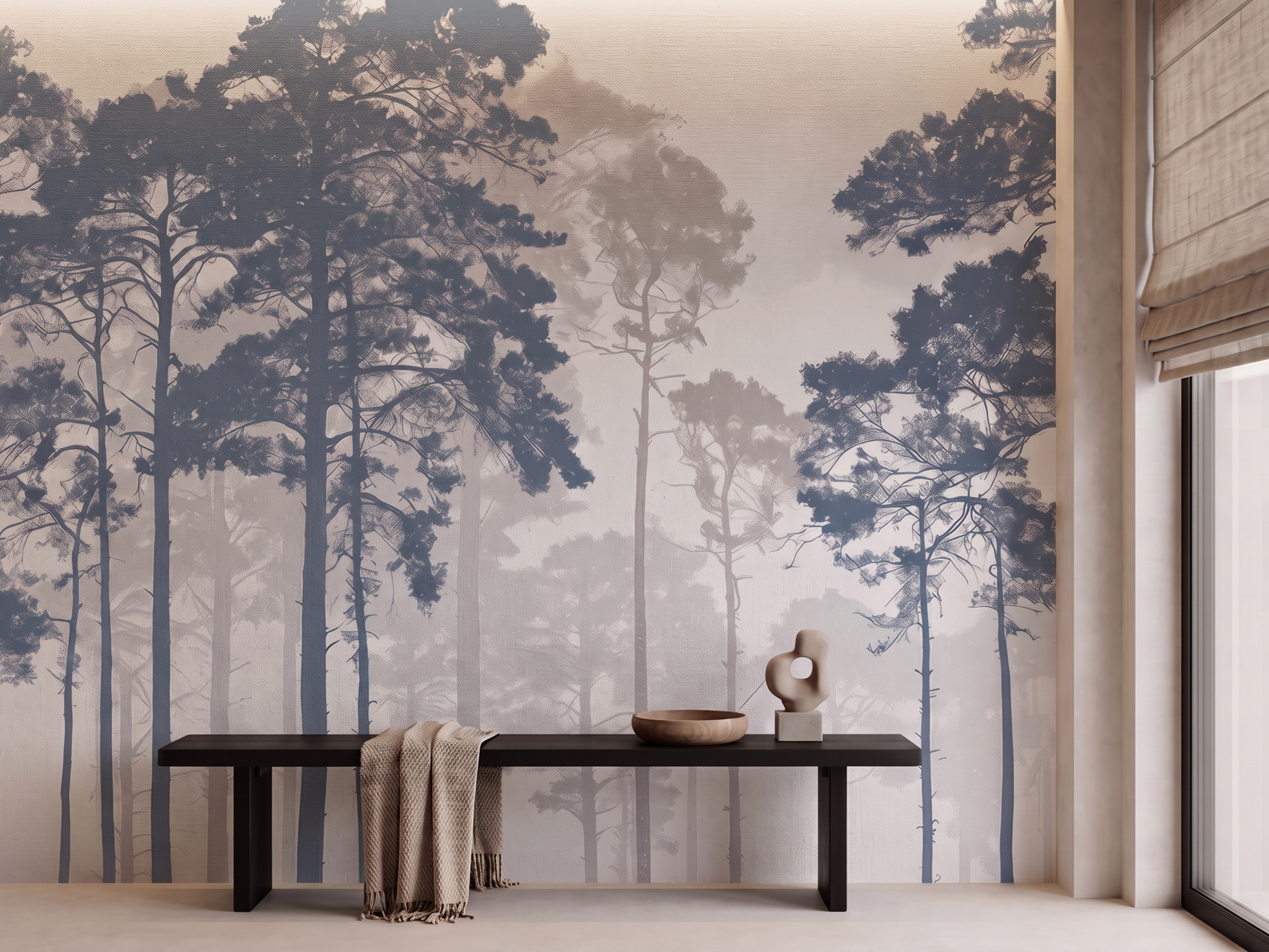 Close-up of Kasumi Pines mural wallpaper showing misty pine detail