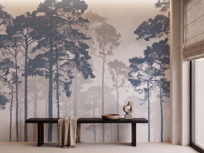 Close-up of Kasumi Pines mural wallpaper showing misty pine detail