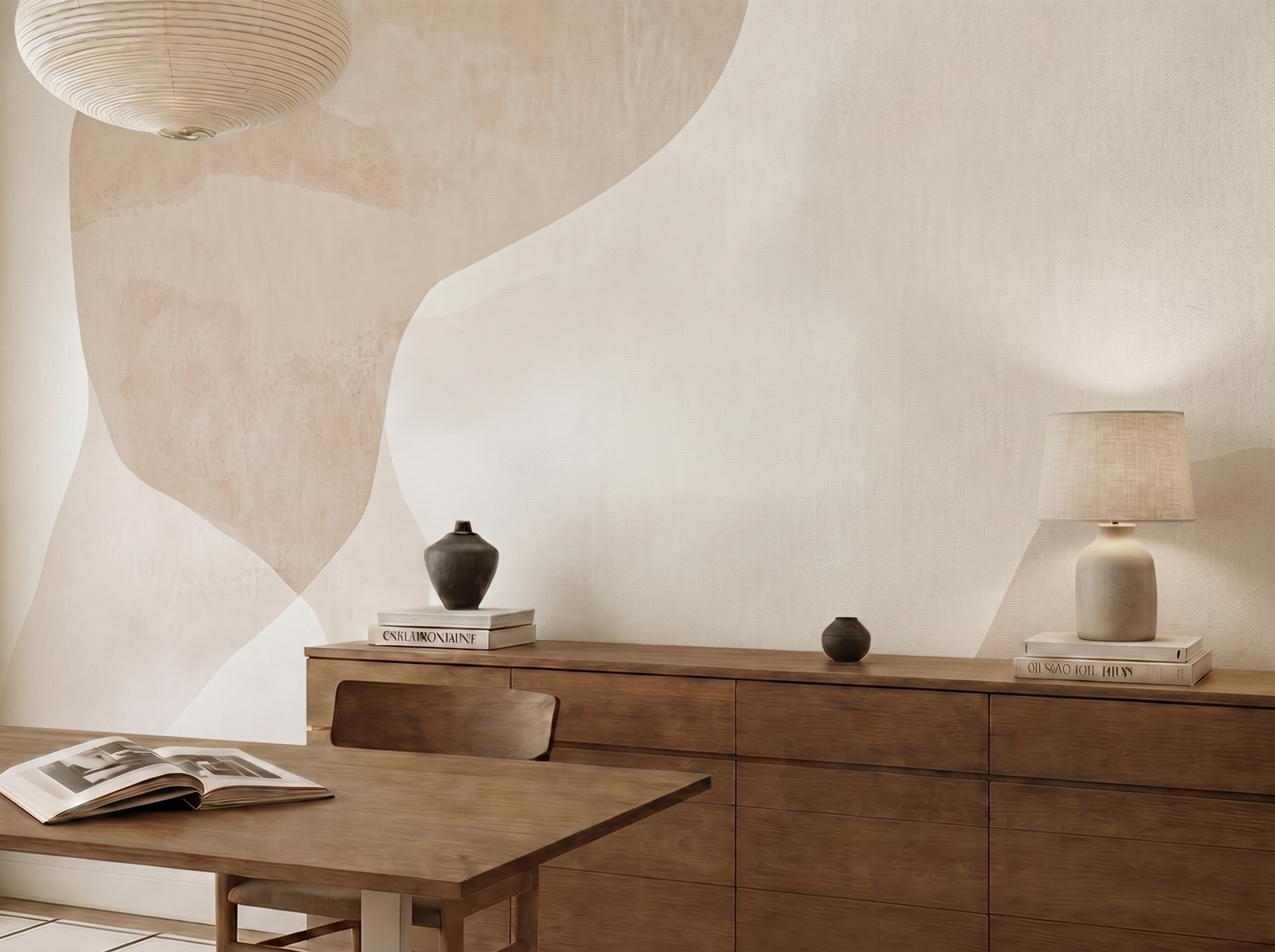 Kiri Fade Japandi mural wallpaper, soft misty gradient in neutral tones on a bedroom wall
