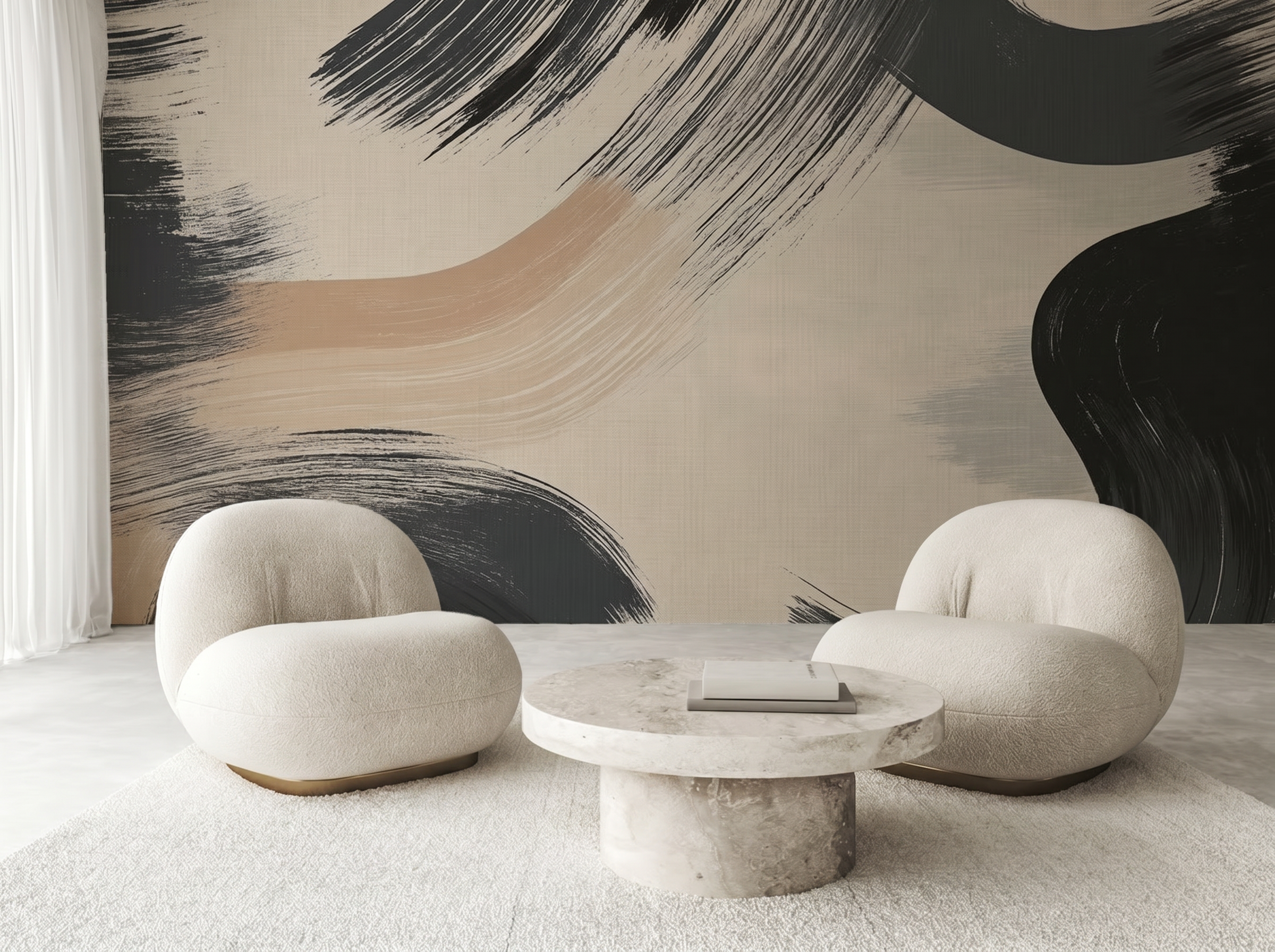 Kiyo Sweep Japandi mural wallpaper, soft ink brushstroke on a neutral wall in a living room