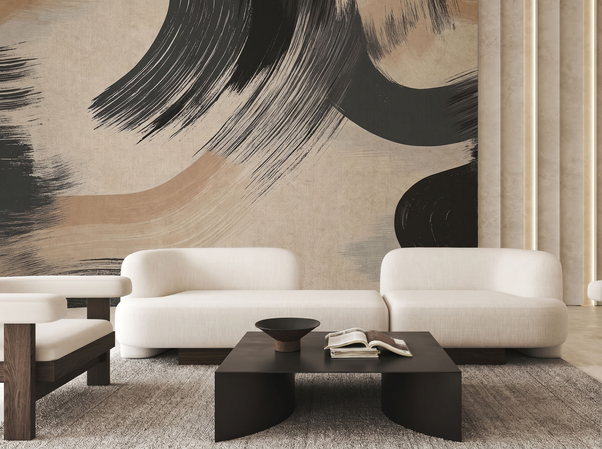 Close-up of Kiyo Sweep mural wallpaper showing calligraphy-inspired ink stroke