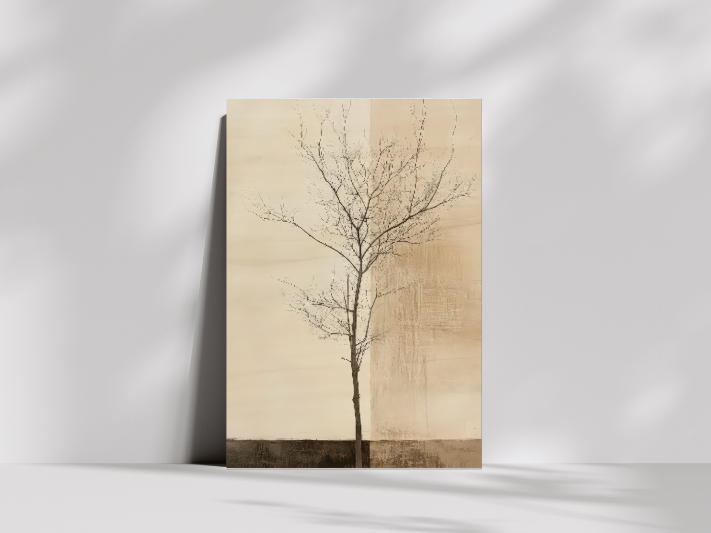 Kodachi Stillness Japandi wooden wall art, solitary tree in a textured landscape on a living room wall