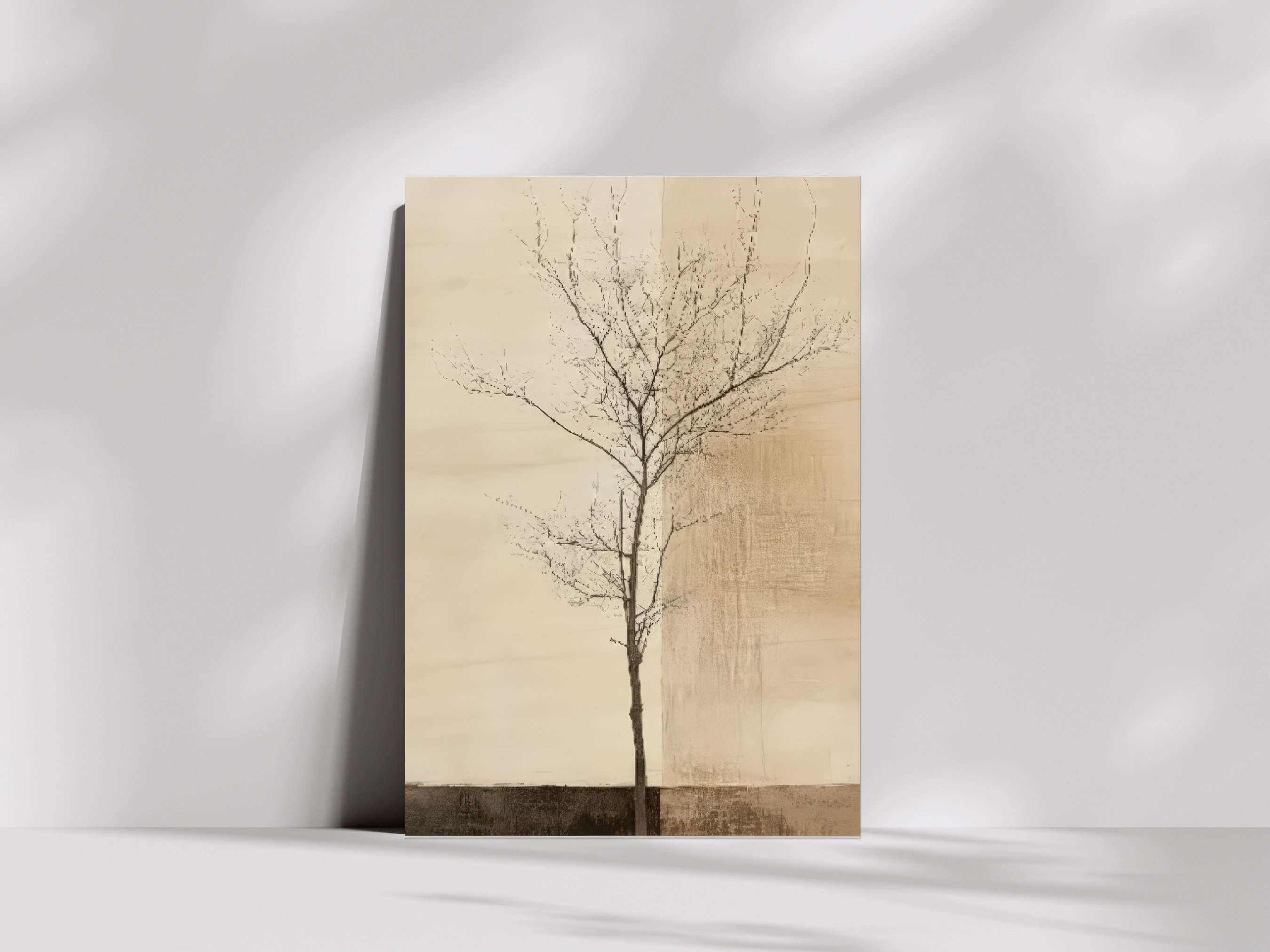 Kodachi Stillness Japandi wooden wall art, solitary tree in a textured landscape on a living room wall