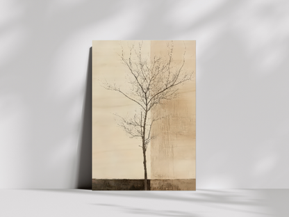 Kodachi Stillness Japandi wooden wall art, solitary tree in a textured landscape on a living room wall
