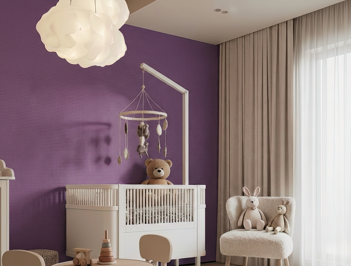 Kodaimurasaki Japandi quiet colour wallpaper, muted purple depth on a living room wall
