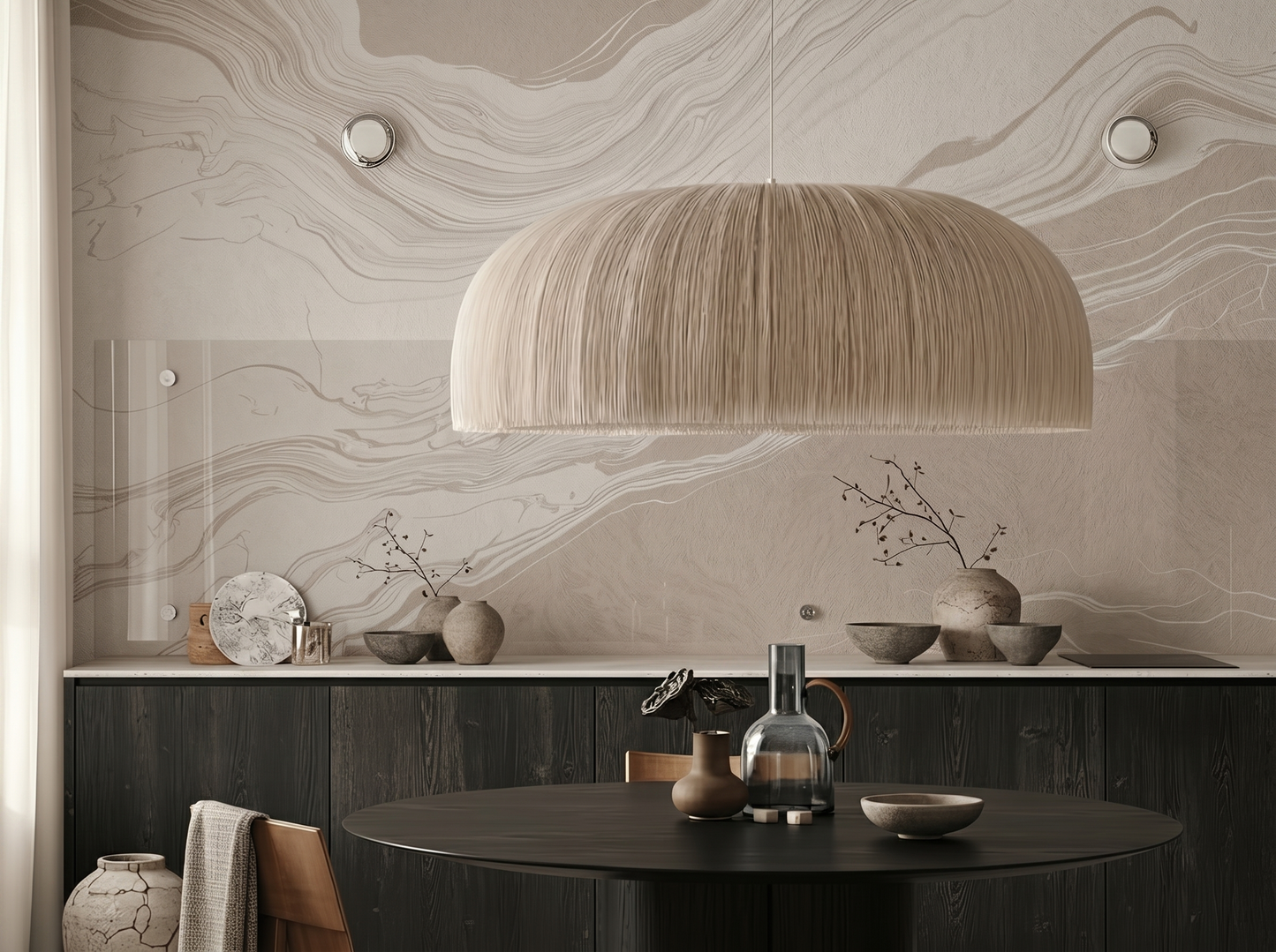 Close-up of Koko Marble mural wallpaper showing flowing marble veining