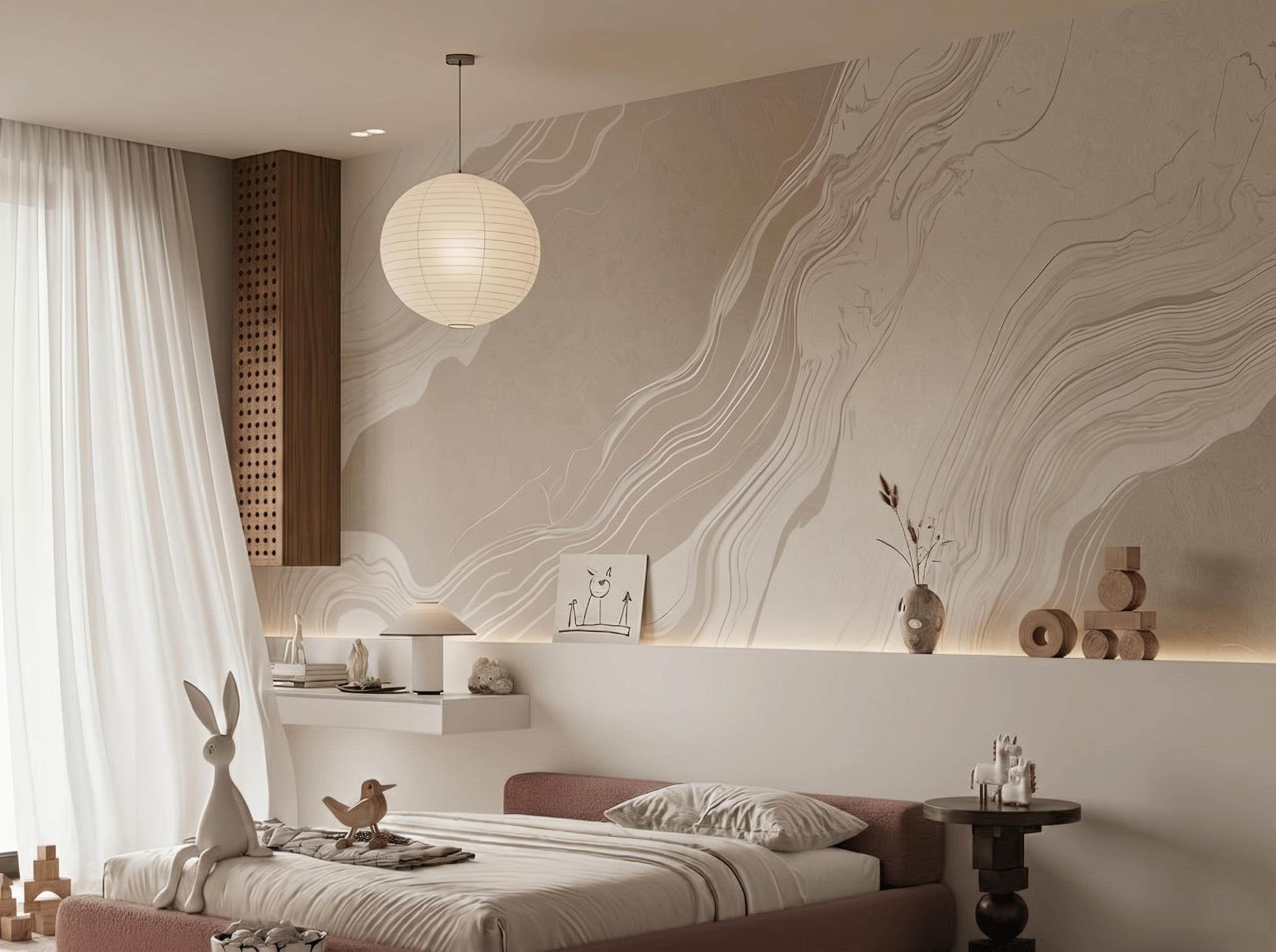 Koko Marble Japandi mural wallpaper, soft natural marble veining in neutral tones on a living room wall
