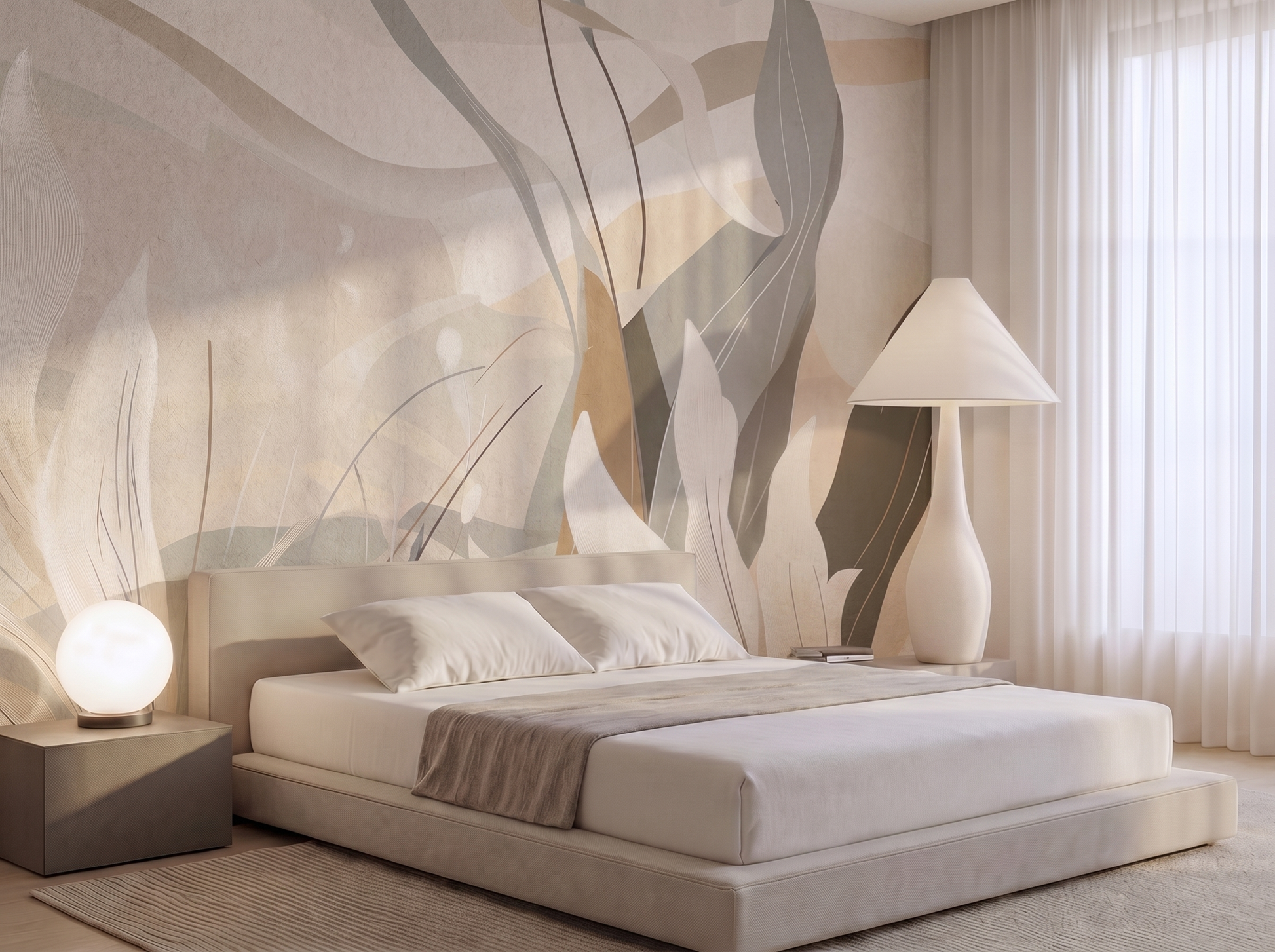 Komorebi Dream Japandi mural wallpaper, soft dappled forest light pattern on a calm living room wall