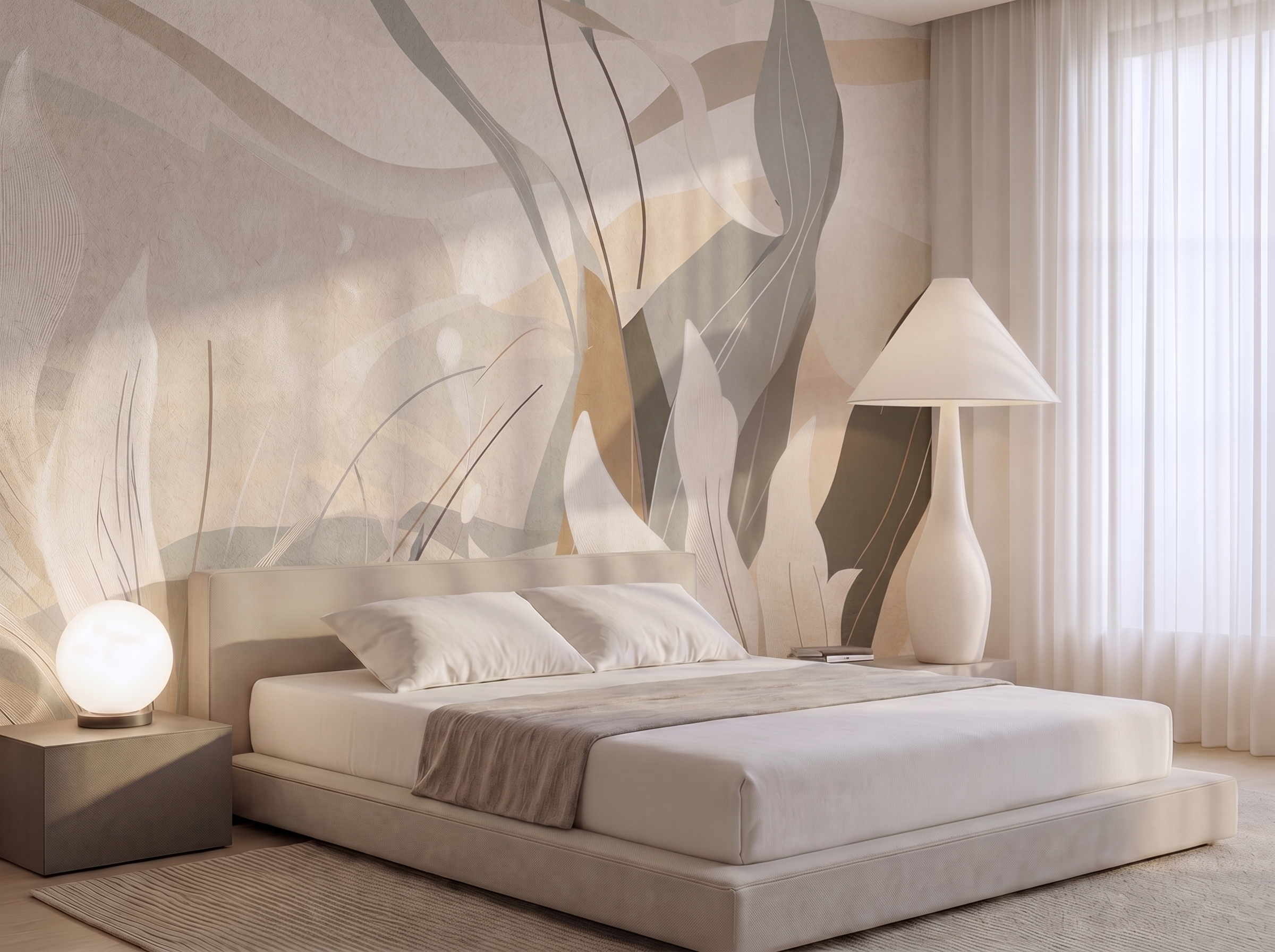 Komorebi Dream Japandi mural wallpaper, soft dappled forest light pattern on a calm living room wall