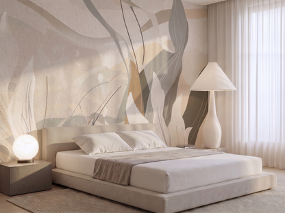 Komorebi Dream Japandi mural wallpaper, soft dappled forest light pattern on a calm living room wall