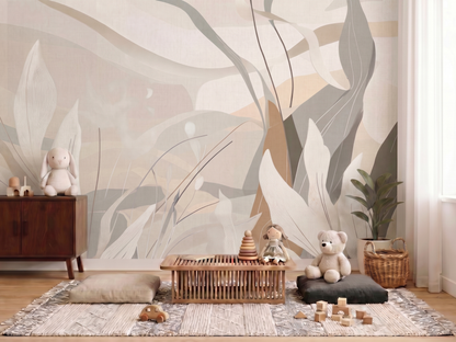 Close-up of Komorebi Dream mural wallpaper showing delicate forest light linework