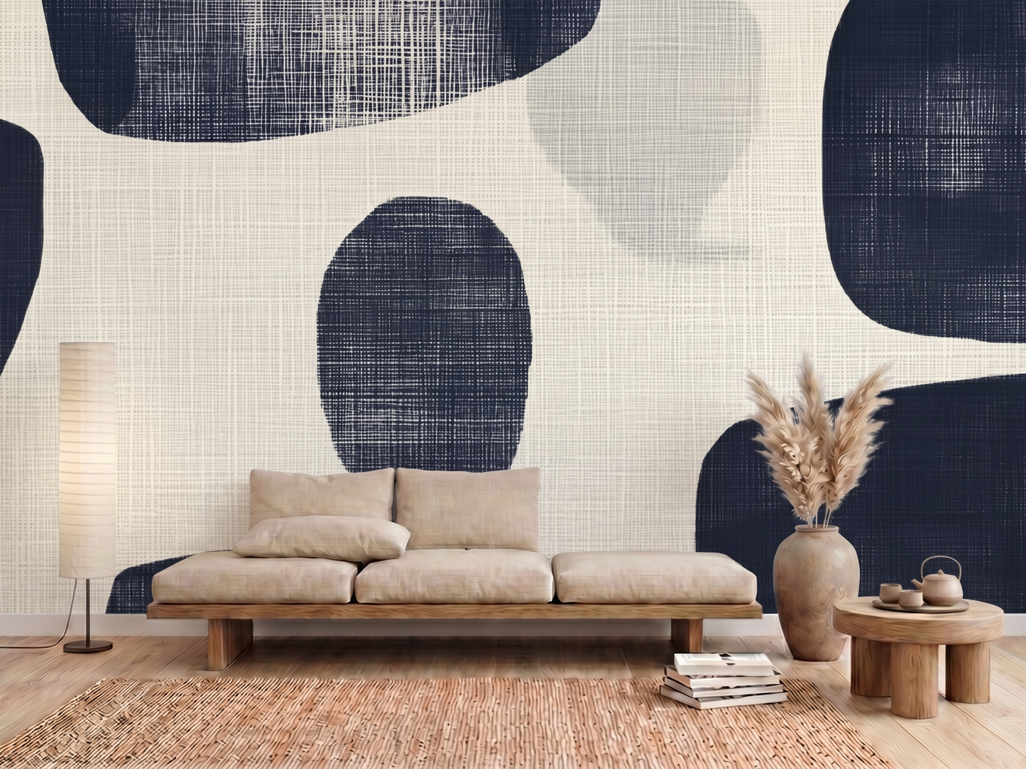 Kon Shade Japandi mural wallpaper, hand-drawn organic forms in deep indigo on a living room wall