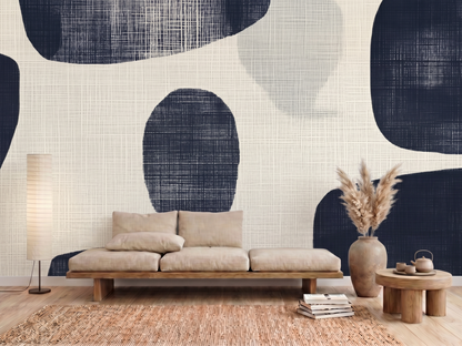 Kon Shade Japandi mural wallpaper, hand-drawn organic forms in deep indigo on a living room wall