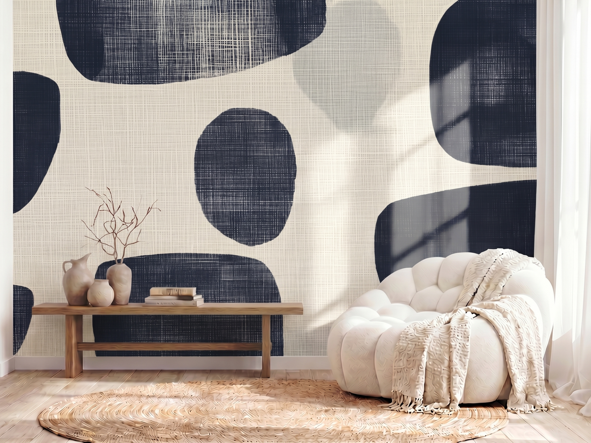 Close-up of Kon Shade mural wallpaper showing deep indigo organic detail