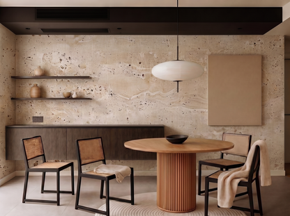 Koto Organic Japandi mural wallpaper, soft organic stone and water forms in neutral tones on a living room wall