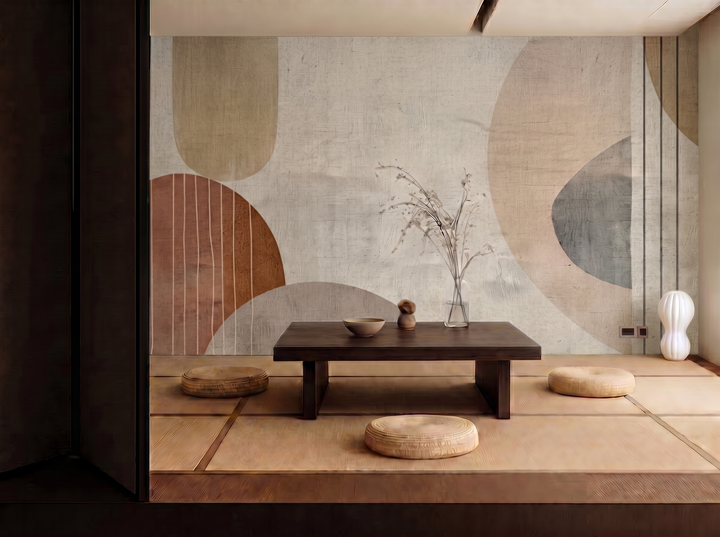 Kou Harmony Japandi mural wallpaper, warm neutral tones with soft material contrast on a living room wall