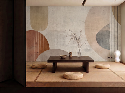 Kou Harmony Japandi mural wallpaper, warm neutral tones with soft material contrast on a living room wall