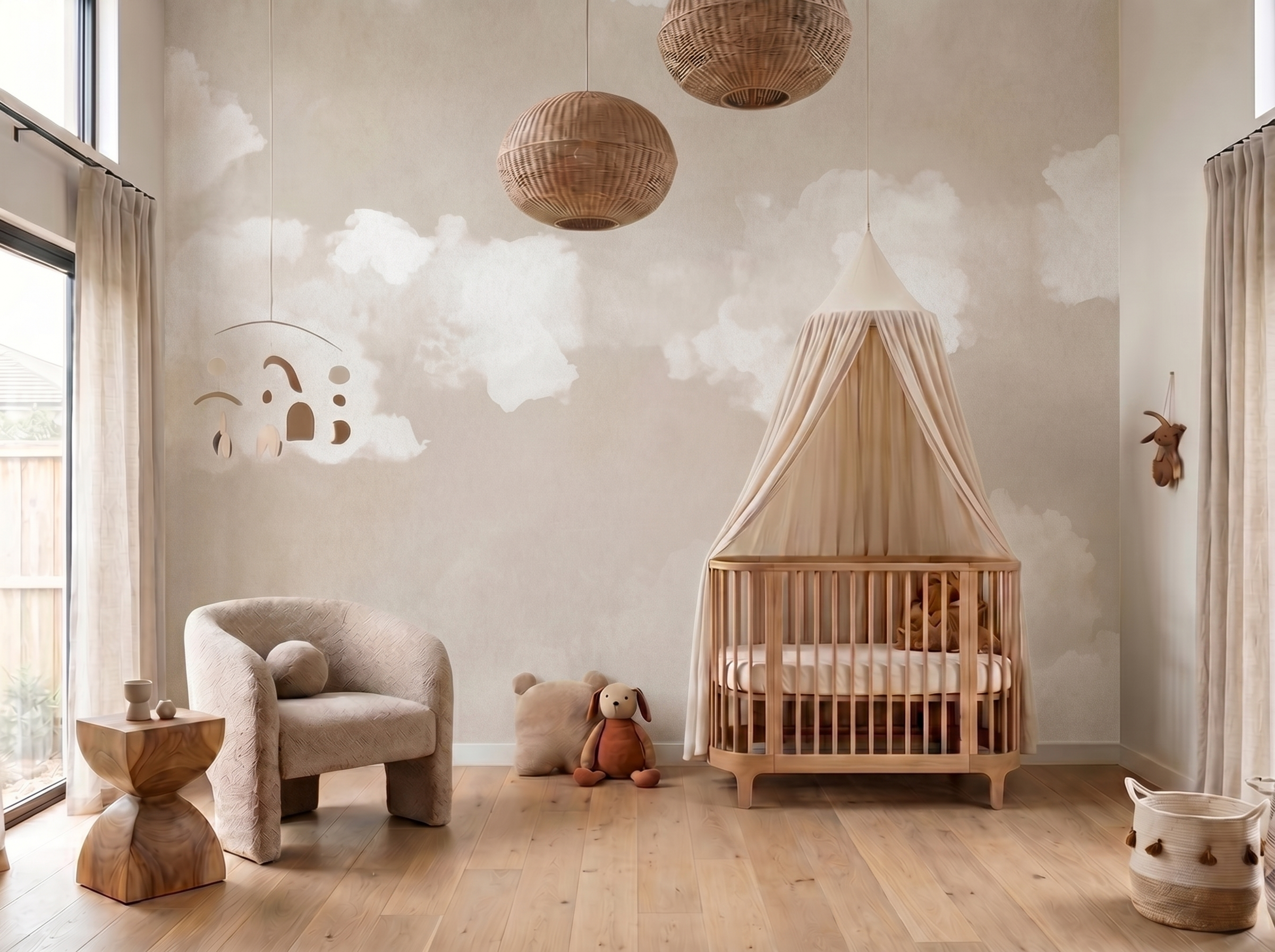 Kumo Calm Japandi mural wallpaper, soft drifting cloud pattern in pale tones on a bedroom wall