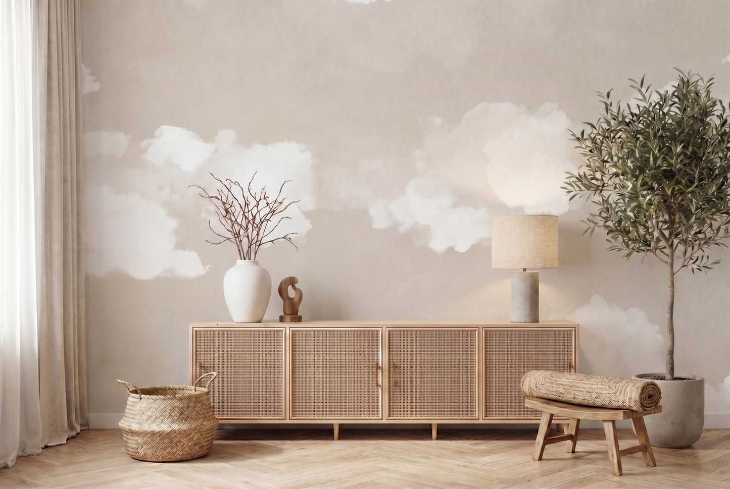 Close-up of Kumo Calm mural wallpaper showing soft cloud-like tones