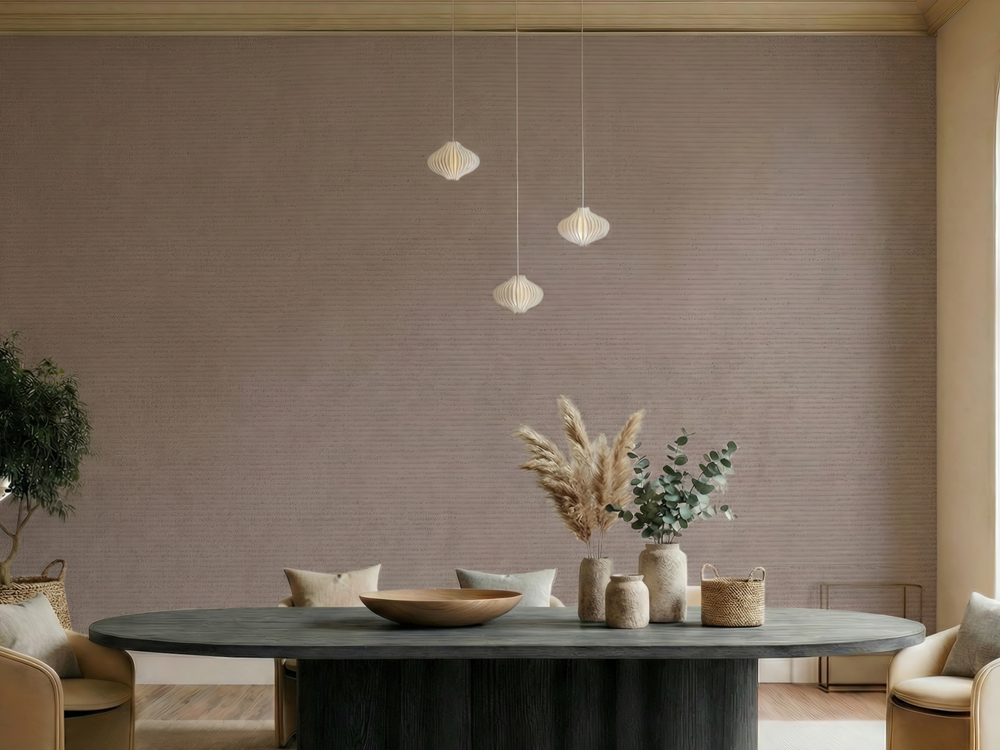 Kurumizome Japandi quiet colour wallpaper, warm walnut-brown hue on a living room wall