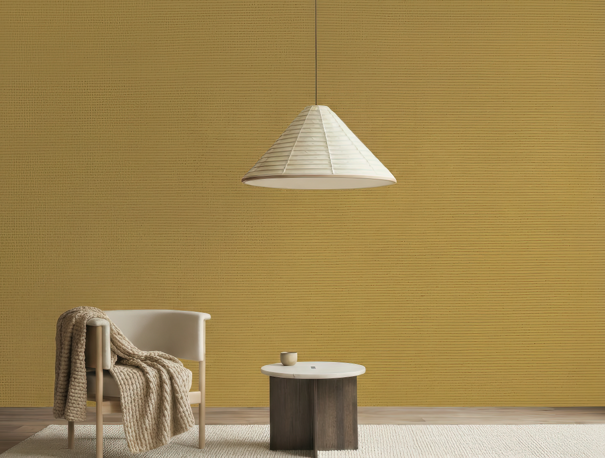Kuwazome Japandi quiet colour wallpaper, sun-washed earthy hue on a living room wall