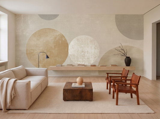 Ma Balance Japandi mural wallpaper, soft floating circles on a textured neutral wall in a living room