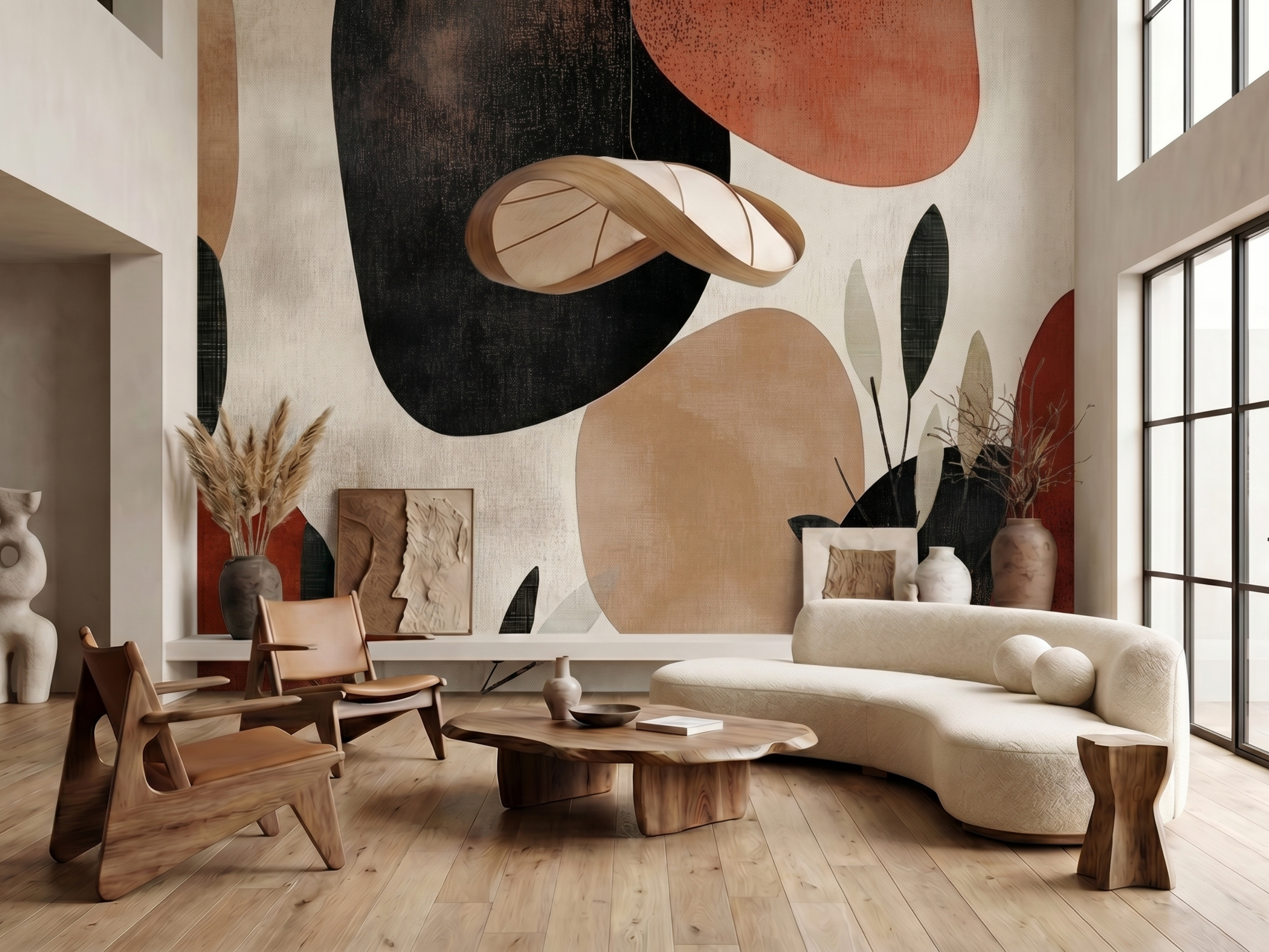 Mao Earth Japandi mural wallpaper, warm earthy stone tones on a living room wall