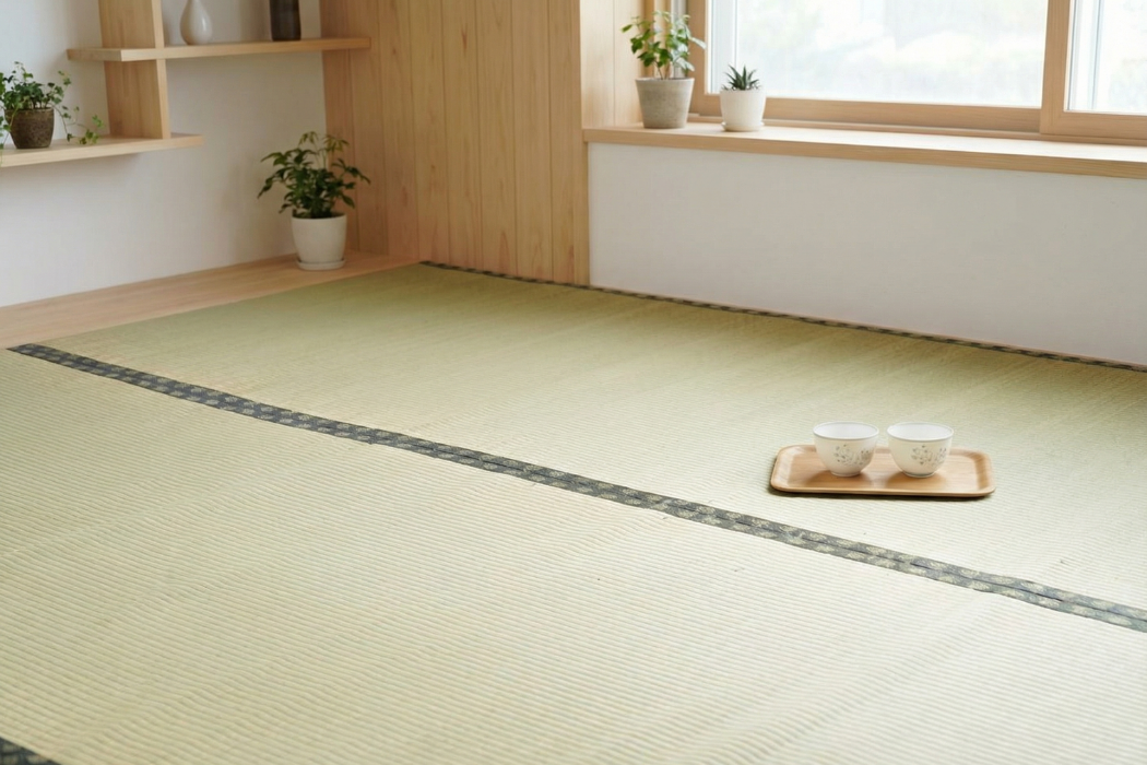 Matsu Japandi tatami mat, muted green-grey linked diamond pattern on a bedroom floor