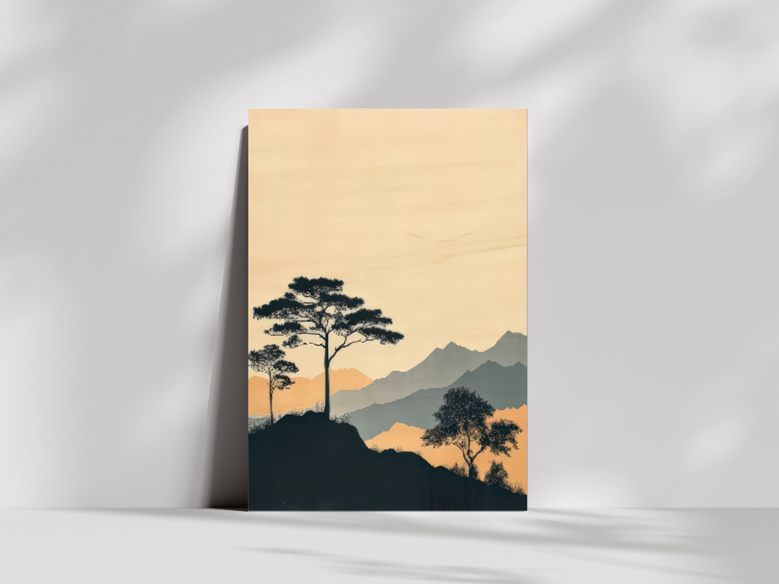 Matsu Horizon Japandi wooden wall art, layered mountains and pine silhouettes on a living room wall