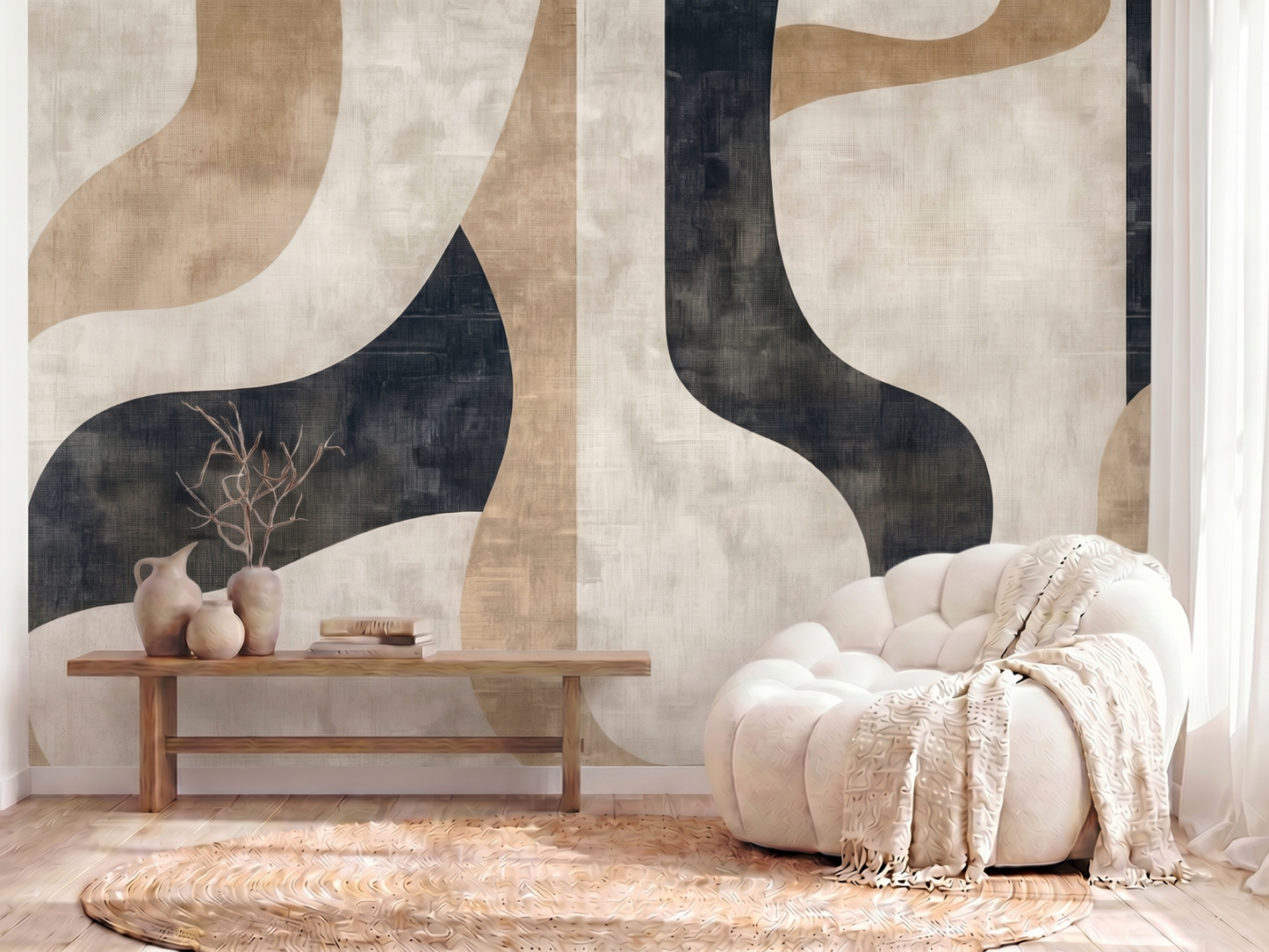 Michi Balance Japandi mural wallpaper, soft balanced forms in neutral tones on a home office wall