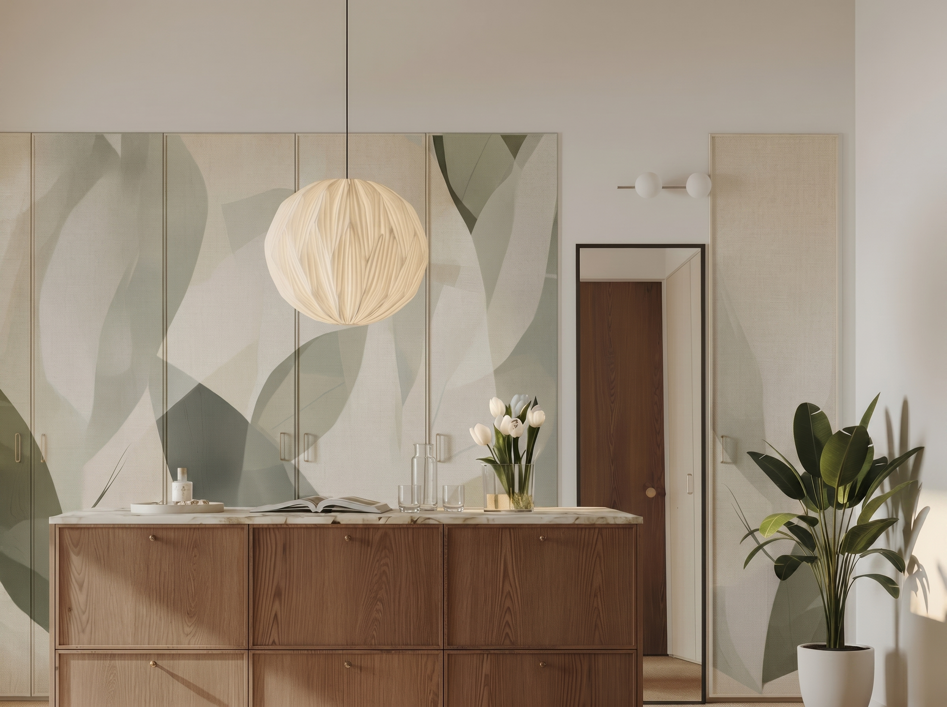 Midori Whisper Japandi mural wallpaper, soft layered green leaves on a neutral living room wall