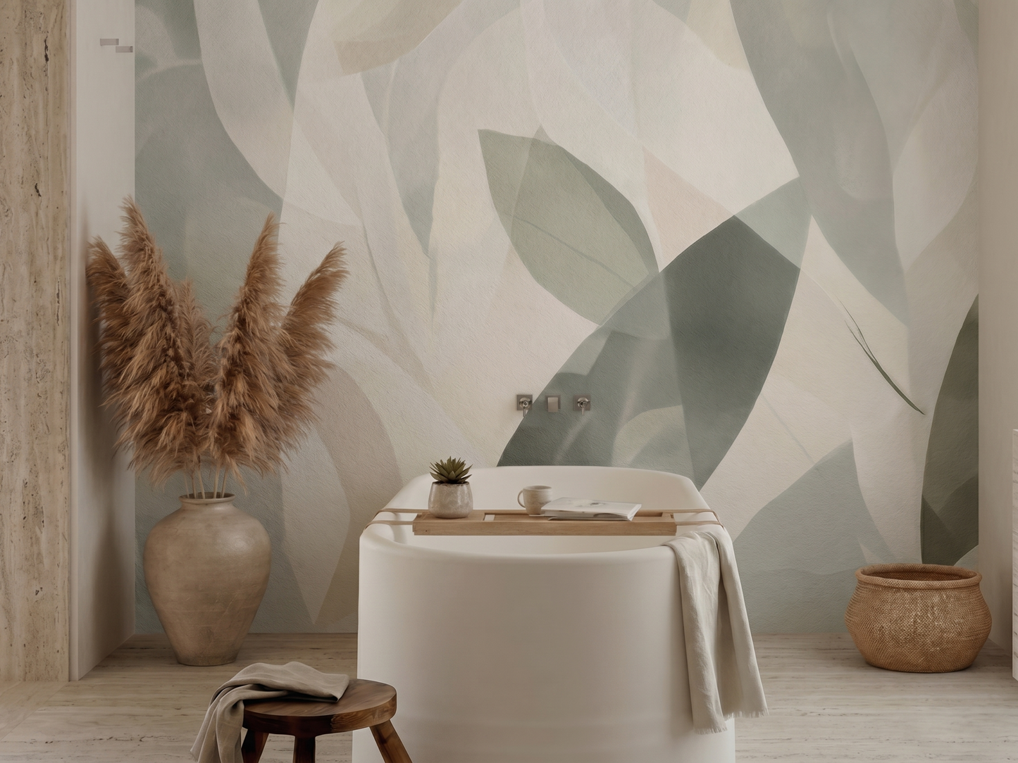 Close-up of Midori Whisper mural wallpaper showing layered green leaf detail
