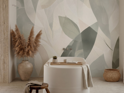 Close-up of Midori Whisper mural wallpaper showing layered green leaf detail