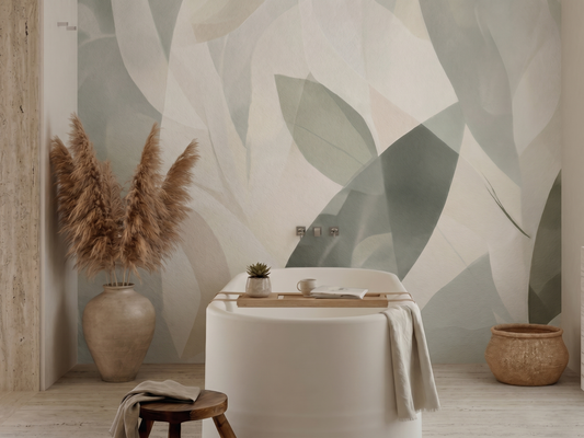 Close-up of Midori Whisper mural wallpaper showing layered green leaf detail