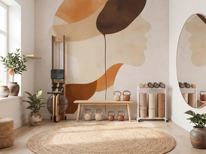 Mirei Grace Japandi wall mural, soft feminine form in warm earthen tones on a yoga studio wall