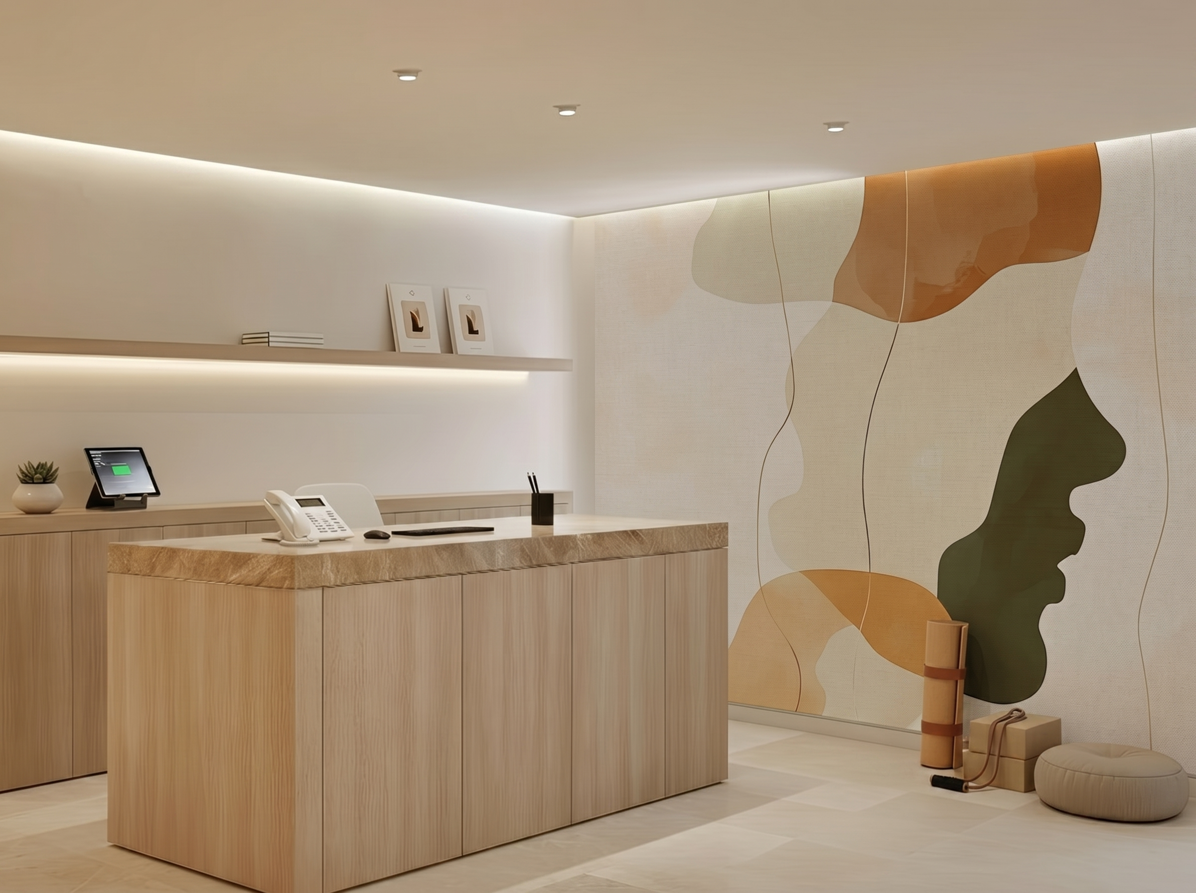 Miyabi Echo Japandi wall mural, soft repeated human forms in calm tones on a yoga studio wall