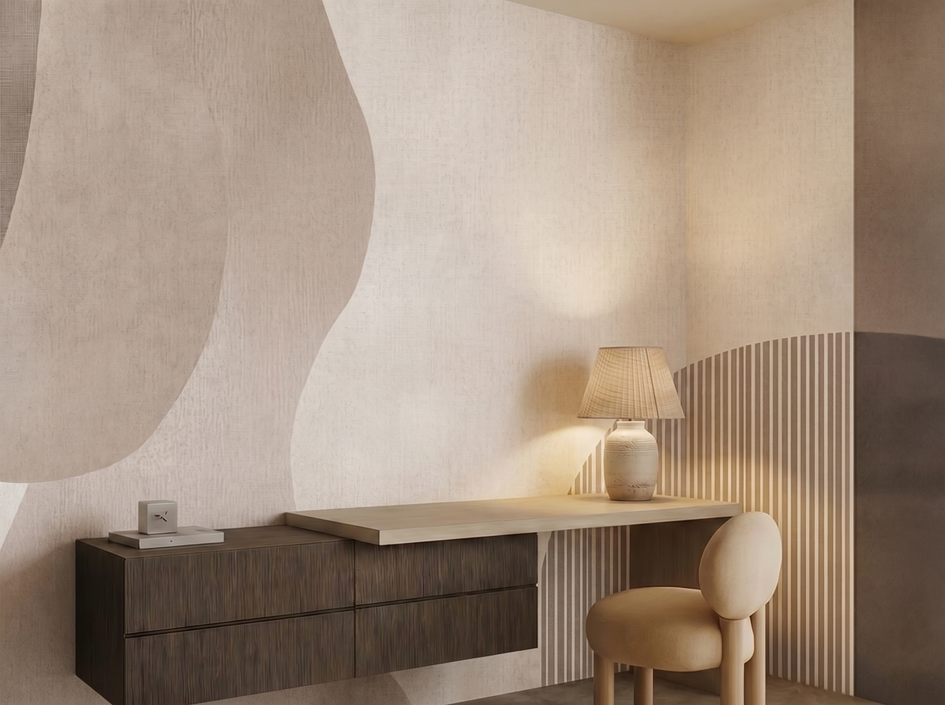 Mizuki Curve Japandi mural wallpaper, soft flowing curves in neutral tones on a living room wall