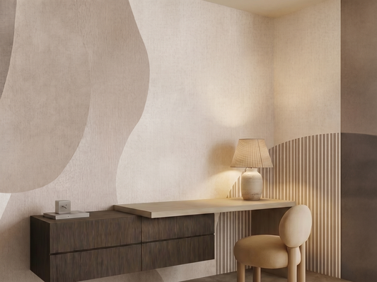 Mizuki Curve Japandi mural wallpaper, soft flowing curves in neutral tones on a living room wall