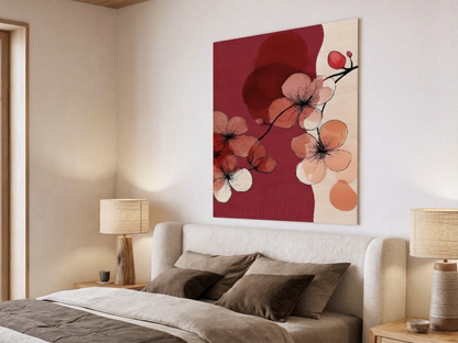 Close-up of Momoka Bloom wooden wall art showing crimson blossom detail