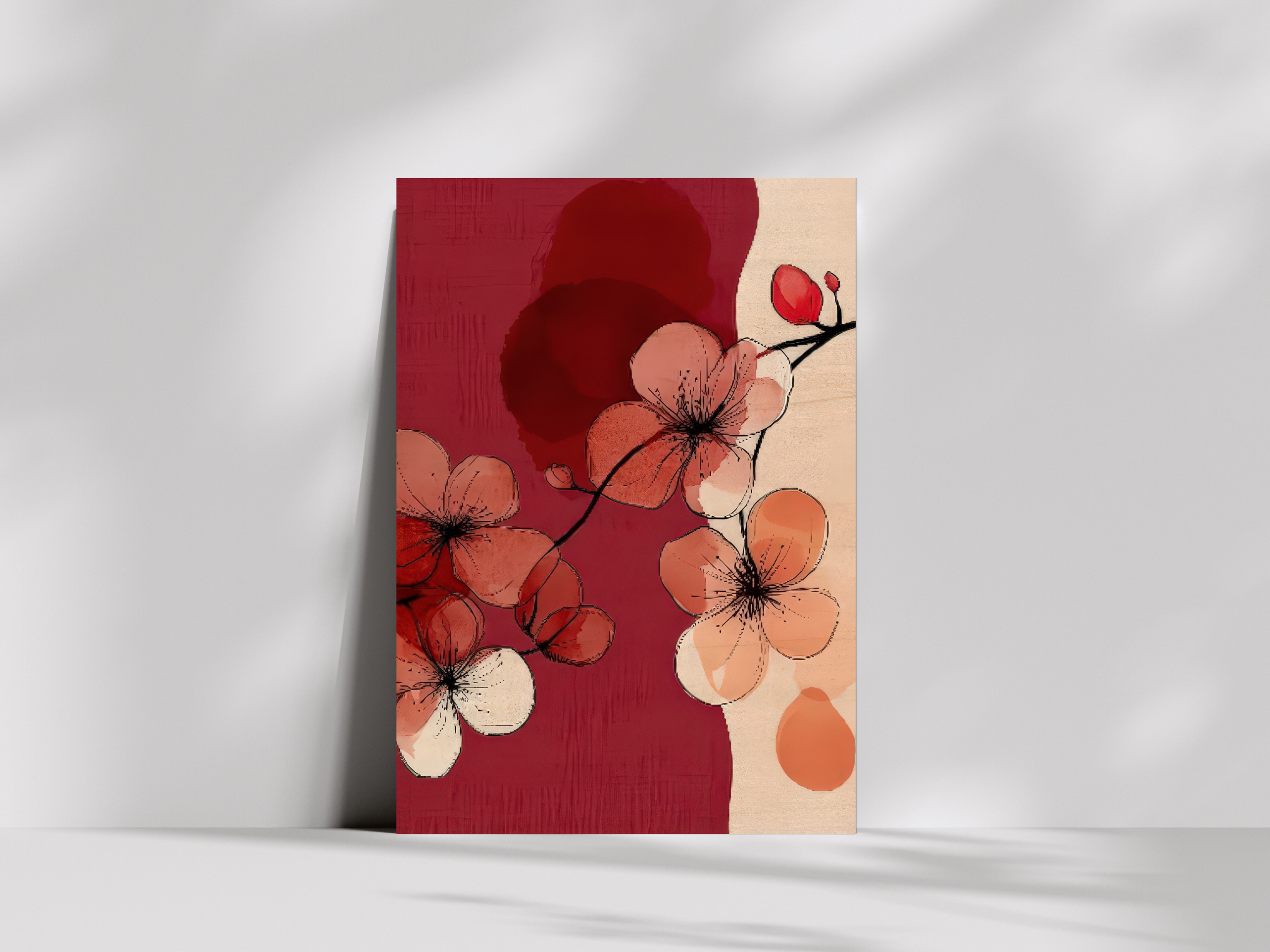 Momoka Bloom Japandi wooden wall art, blossom branches in crimson and coral on a bedroom wall
