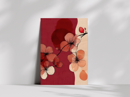 Momoka Bloom Japandi wooden wall art, blossom branches in crimson and coral on a bedroom wall